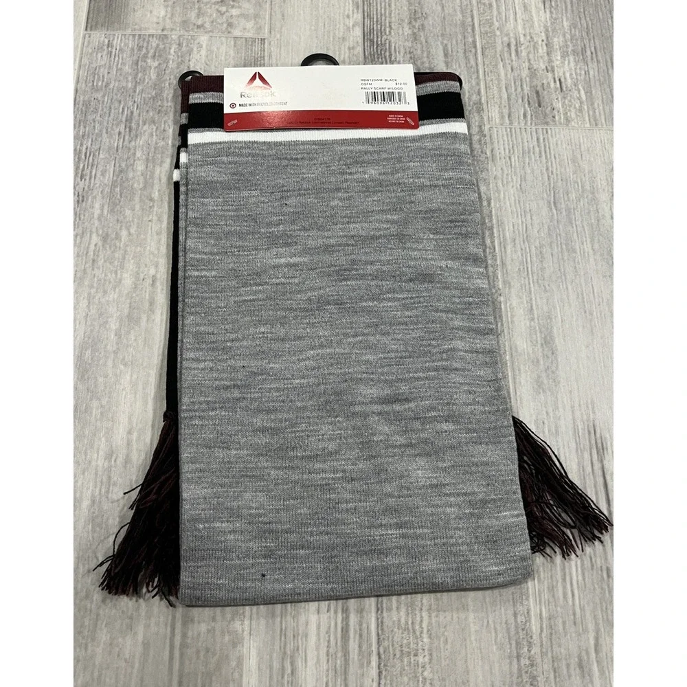 Reebok Scarf with Fringe Gray Wine Black White Logo SOFT Recycled‎ Material NEW